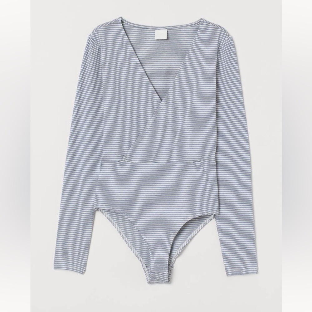 H&M Blue and White Striped Wrapover Long Sleeve Bodysuit, XS